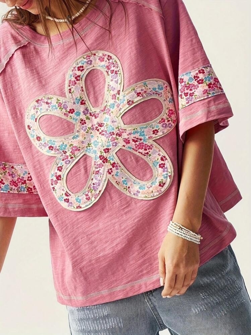 Girls' Pink Floral Appliqué Tee